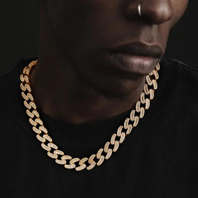 15mm Iced Out Cuban Link Chain in Yellow Gold -- DVVX CHAINS