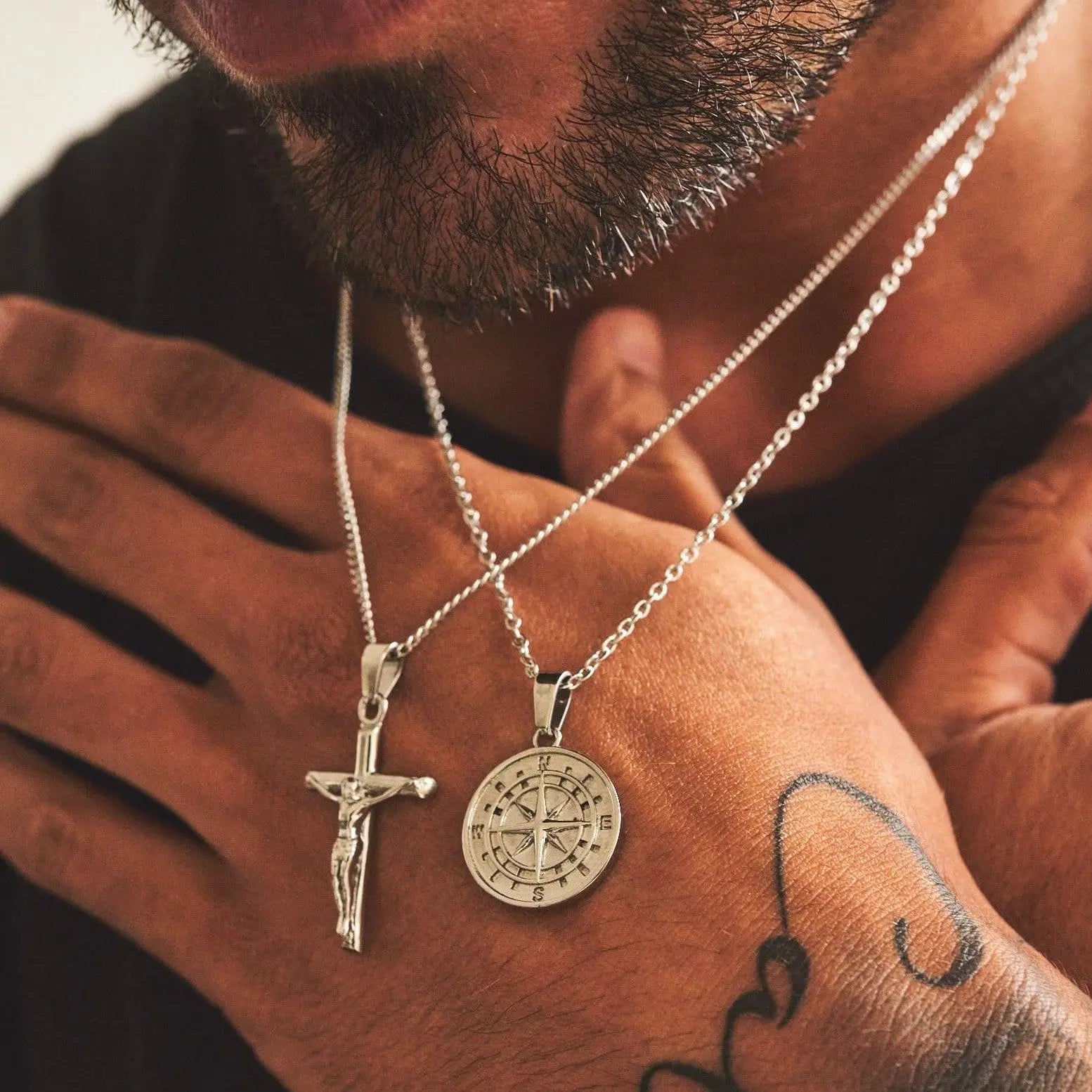 Compass x Crucifix Set (Silver) -- DVVX CHAINS