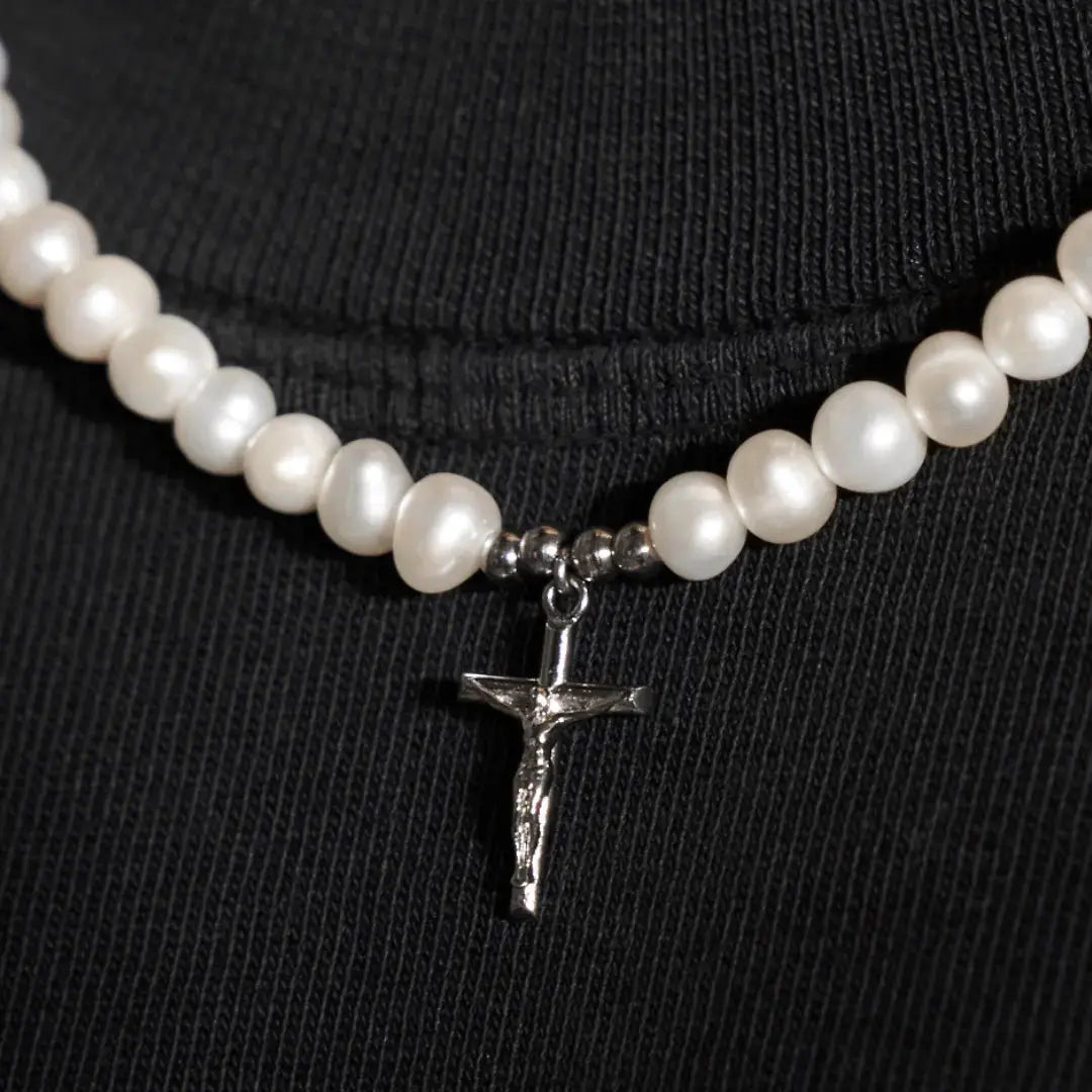 Crucifix Real Pearl Necklace (Silver) -- DVVX CHAINS