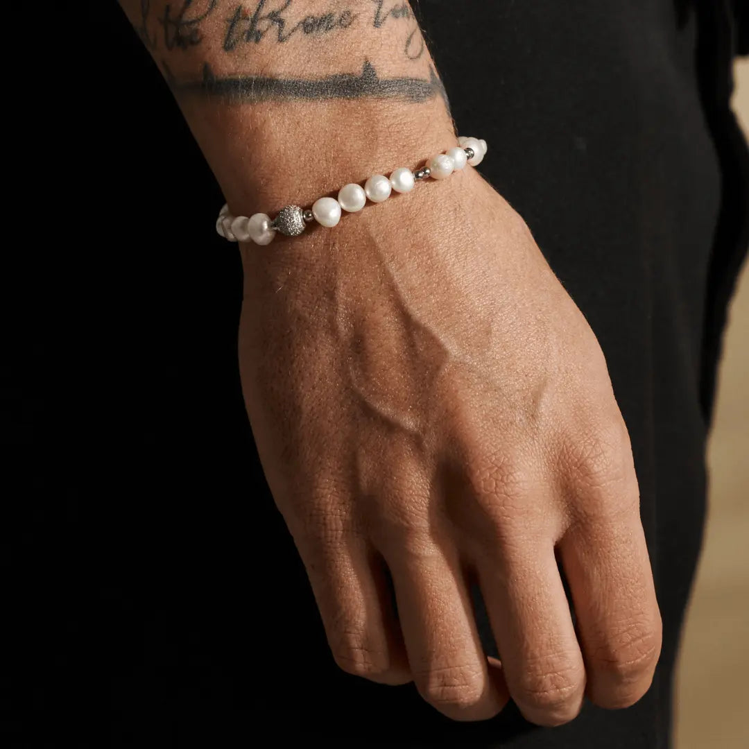 Iced Beaded Real Pearl Bracelet (Silver) -- DVVX CHAINS